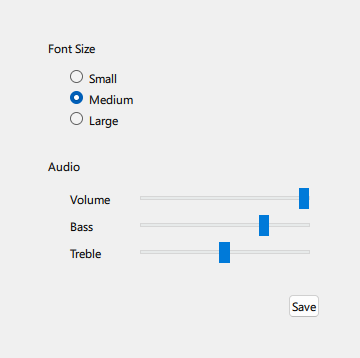 Settings with Font Size radio buttons and Audio sliders in Windows style
