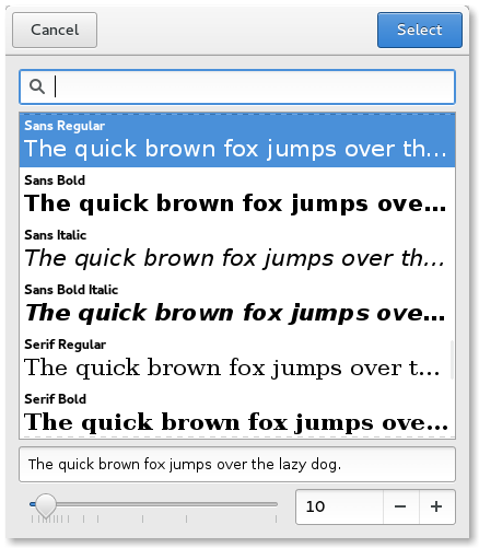 The user is able to view and select different fonts via the font dialog