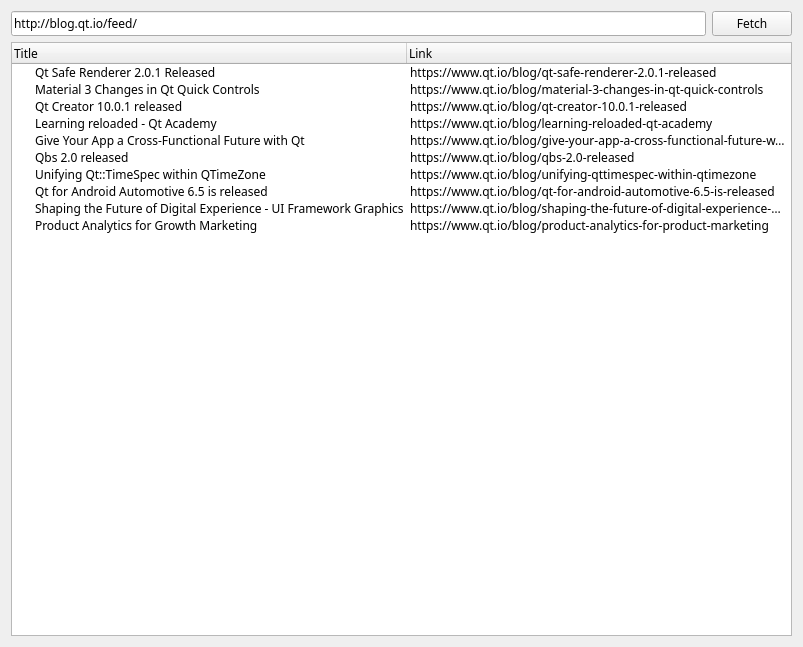 The application fetches information from the specified URL, in this case, Qt Blog, and then parses the available XML data