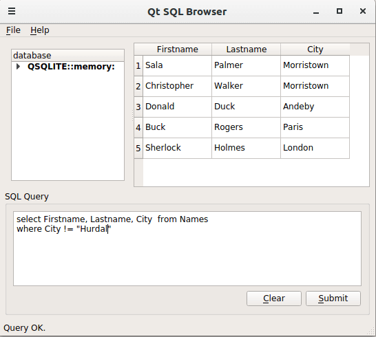 The main window depicts the connected database together with the items in the database. The user is able to generate an SQL query and submit it.