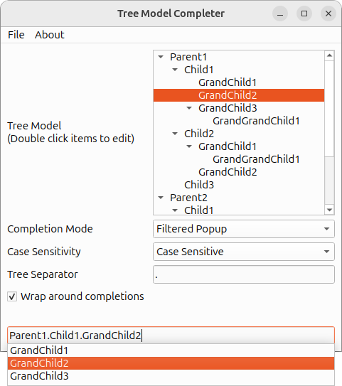 Visualization of a tree model and various options for the completer