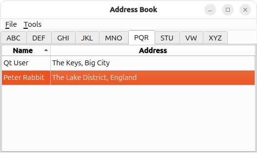 Address book showing contacts and addresses