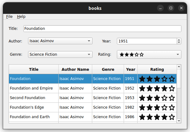 The main window displays information related to the books stored in the database