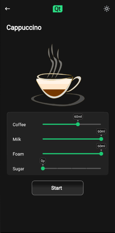Sliders to customise the ratio of the coffee blend