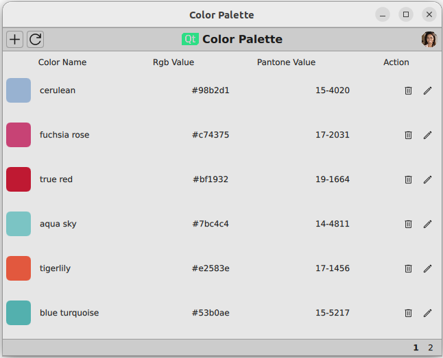 Color palette table with color swatches, names, hex RGB values, Pantone values, and action buttons
