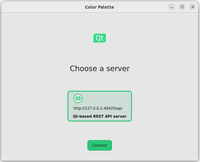 Server selection dialog with Qt-based REST API server option and Connect button