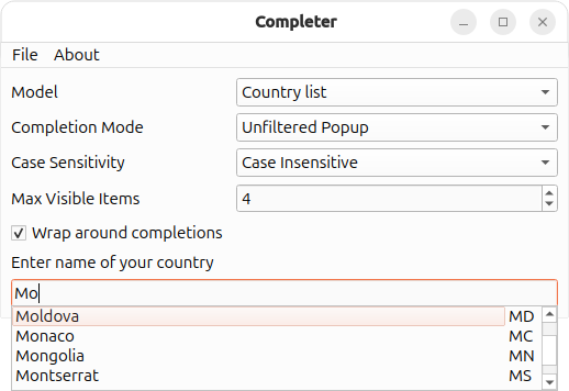 Application showing the country list model contents