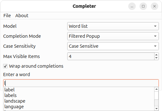 Application showing the word list model contents