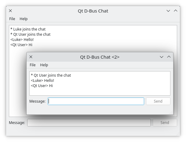 Two instances of the D-Bus Chat example running at the same time.