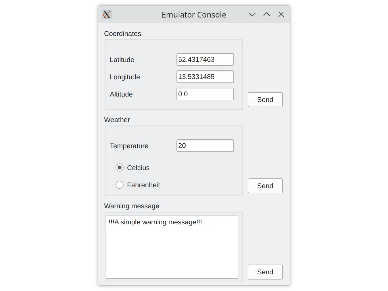 Screenshot showing an emulator console application to send coordinates, weather temperaute, and a warning message