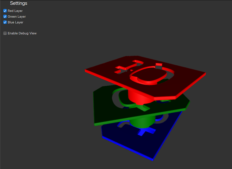 Three stacked Qt logo layers in red, green, and blue with layer toggle checkboxes