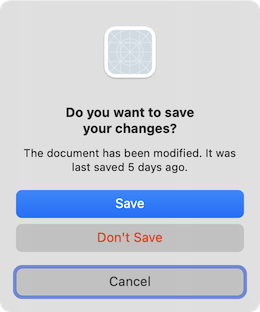 Message box with a "Save", "Don't Save", and "Cancel" buttons