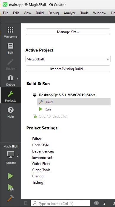 Screenshot showing the msvc kit that built the project