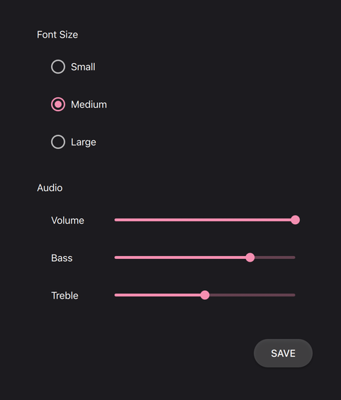 Gallery of controls in Material style dark theme