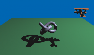 A 3D rendered scene showing a metallic knot hovering above a green plane and an orange plane flying in the background