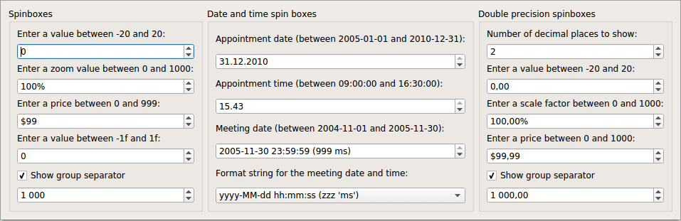 Gallery of different types of spin boxes
