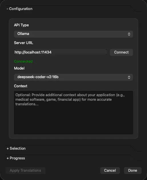Screenshot of Qt Linguist AI translation dialog - Configuration