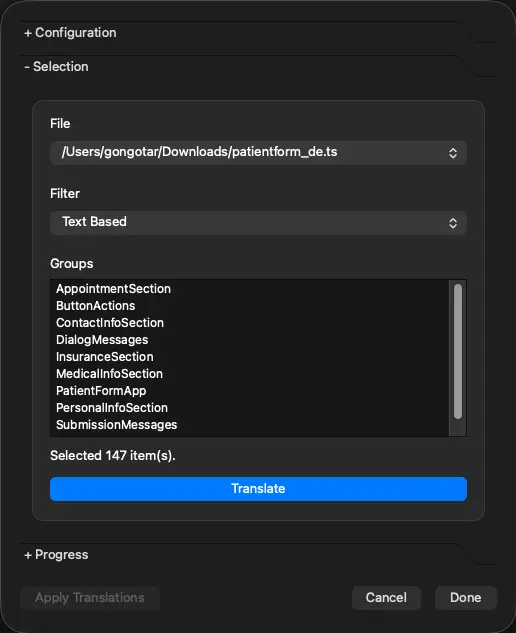 Screenshot of Qt Linguist AI translation dialog - Selection