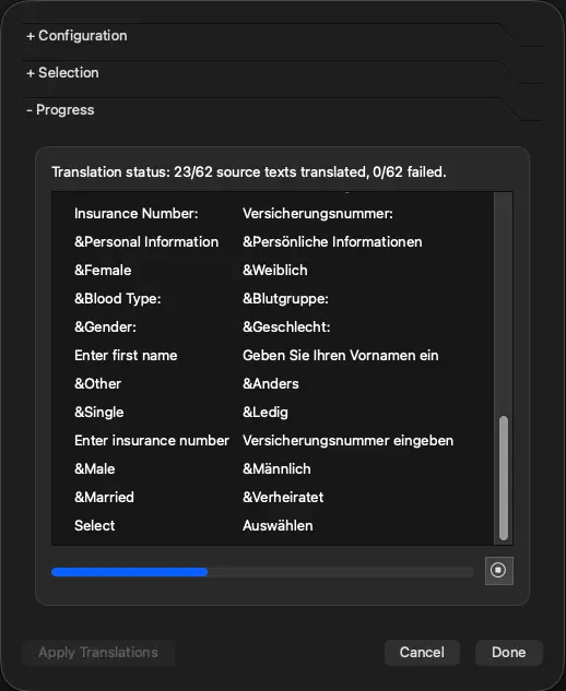 Screenshot of Qt Linguist AI translation dialog - Progress