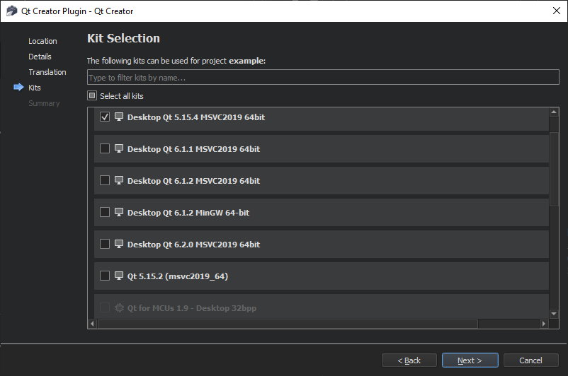 Choose the kit to build and run your project with