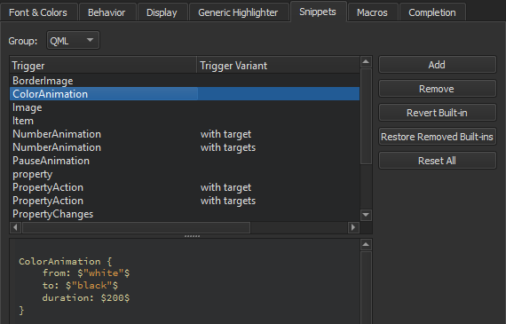 Built-in QML code snippets in the Snippets tab in Text Editor preferences