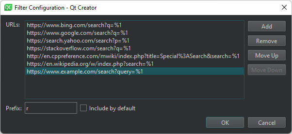 List of URLs in Filter Configuration dialog