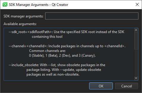Android SDK Manager Arguments dialog