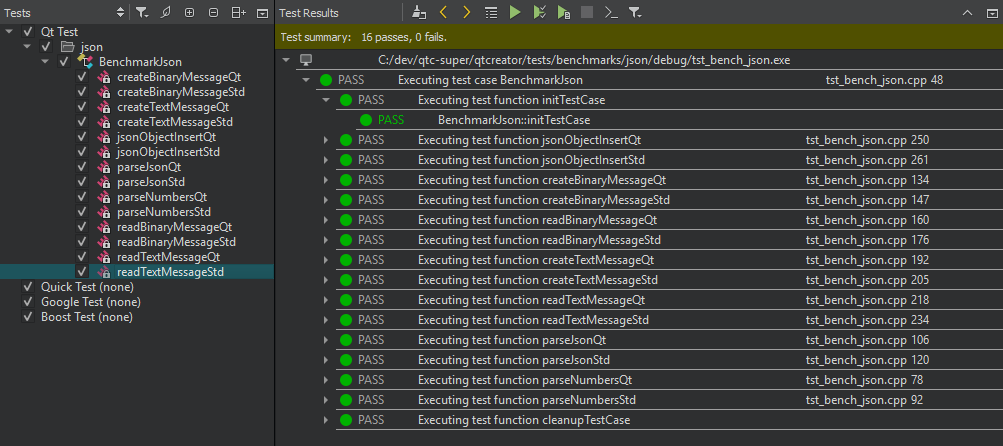 Tests sidebar view and Test Results output