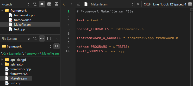 An autotools project open in the Projects and File System sidebar views and in the editor