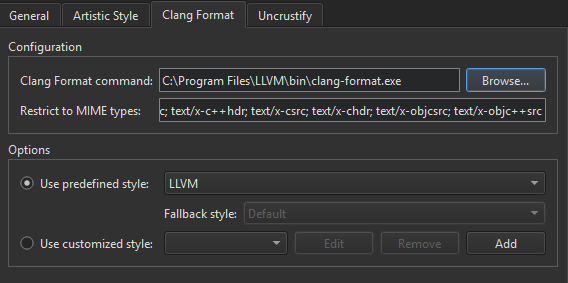 ClangFormat tab in Beautifier preferences
