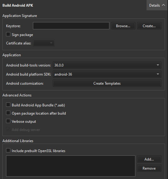 Build Android APK step in the Build Settings tab in Projects