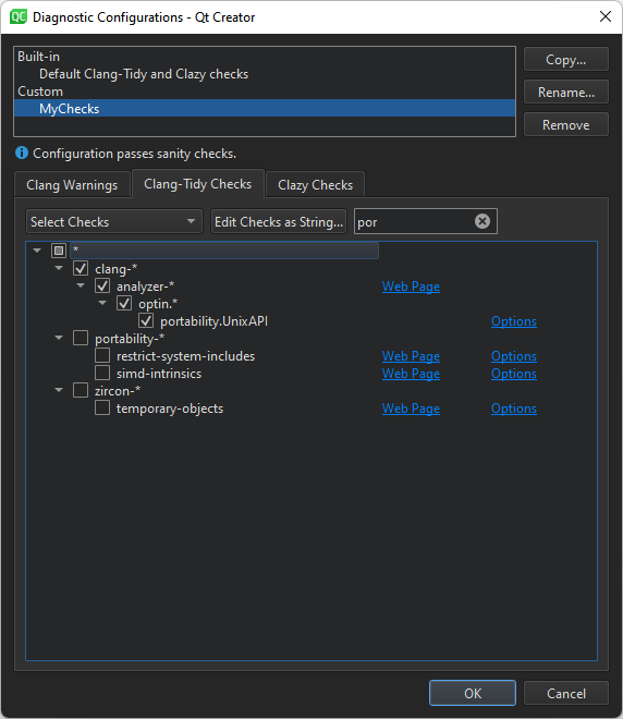 Clang-Tidy Checks tab in the Diagnostic Configurations dialog
