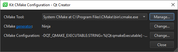 Kit CMake Configuration dialog