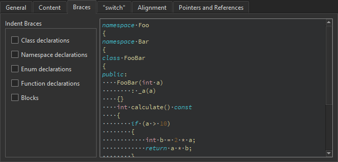 Braces tab in the Code Style tab in C++ preferences