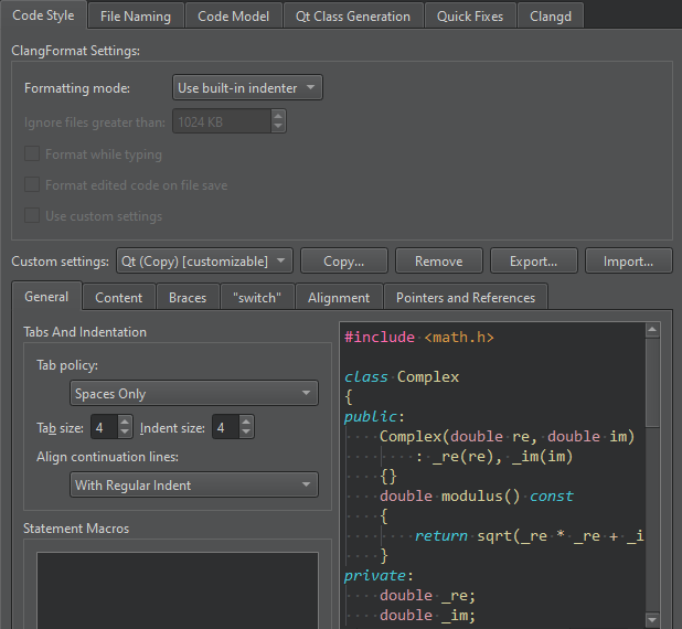 Code Style preferences for built-in indenter