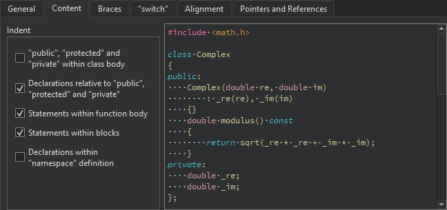 Content tab in the Code Style tab in C++ preferences