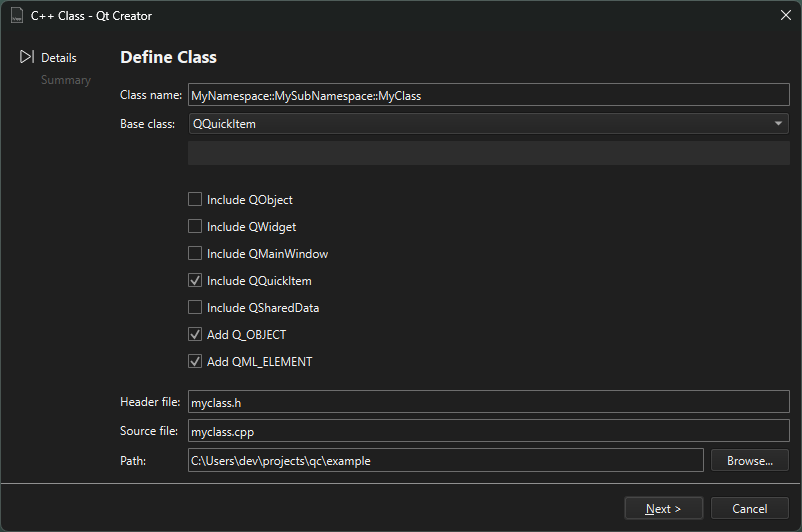 Define Class dialog in the C++ Class wizard
