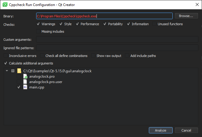 Cppcheck run configuration