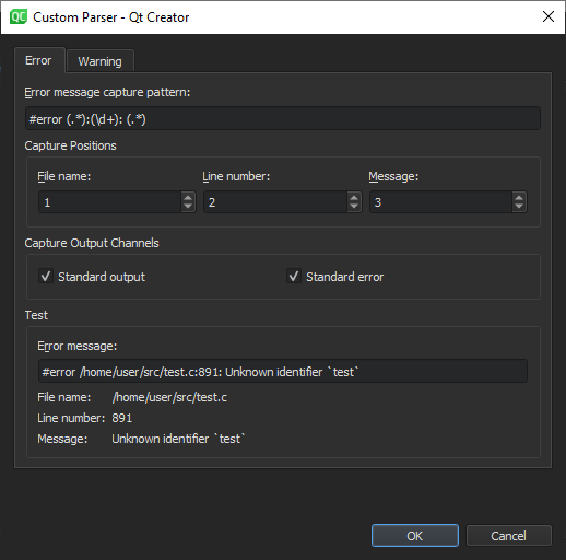 Custom Output Parsers tab in Build & Run preferences