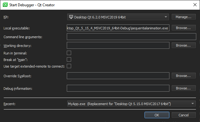 Start and Debug External Application dialog