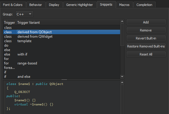 Built in C++ code snippets in the Snippets tab in Text Editor preferences