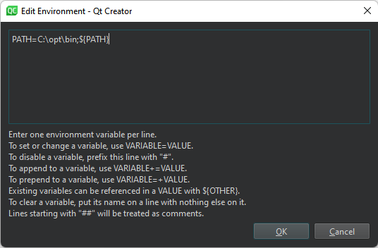 Edit Environment dialog
