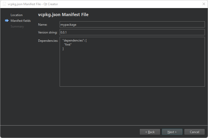 vcpkg.json Manifest File dialog