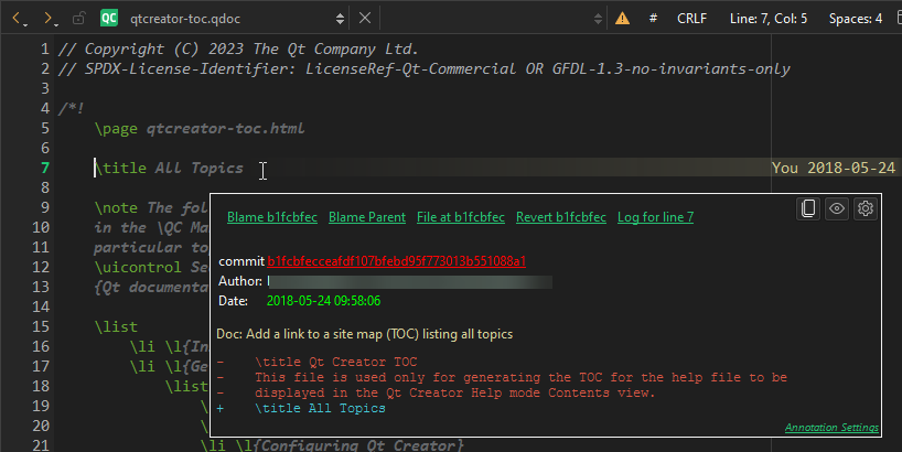 Instant blame in the code editor