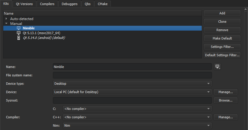 Adding a Nimble kit in the Kits preferences