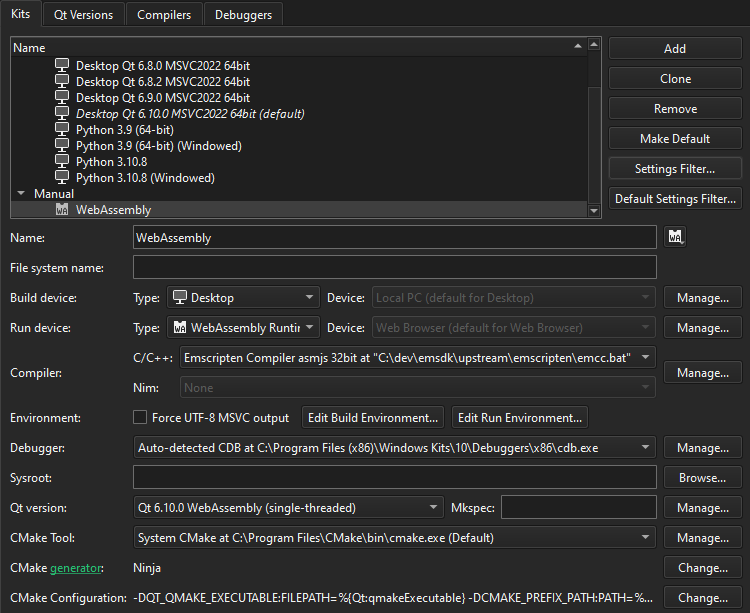 WebAssembly kit in the Kits tab in Kits preferences