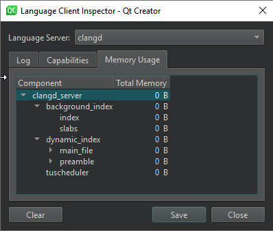 Memory Usage tab in the Language Client Inspector dialog