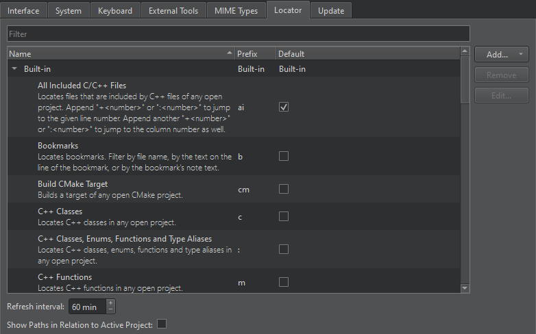Locator tab in Environment preferences