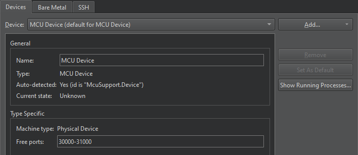 MCU device in the Devices tab in Devices preferences