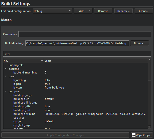 Meson build settings